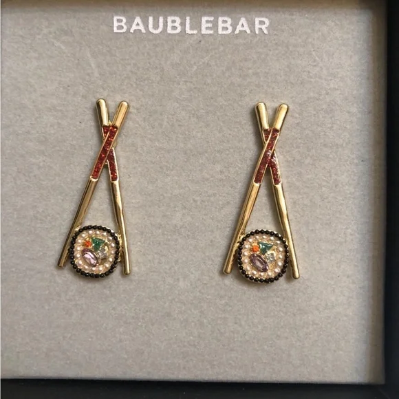 BaubleBar Gold Tone Chopsticks & Sushi Roll Drop Earrings Crystal Accents NIB - Picture 2 of 10